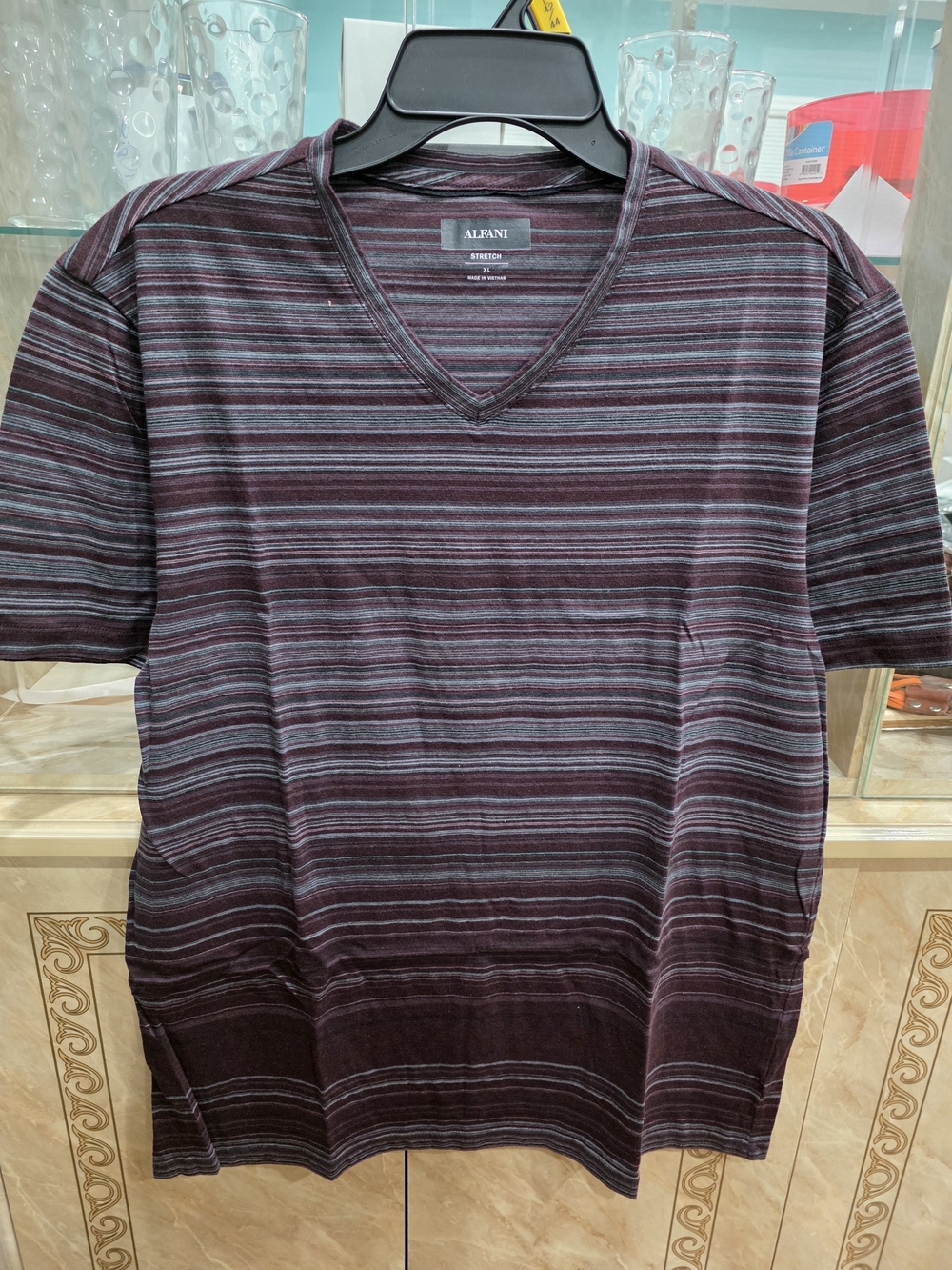 Alfani Men's Maroon Striped V-Neck Shirt